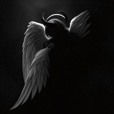 Primary subject: A black and white drawing of an angel with white wings.

Setting/background: The drawing is set against a dark background, creating a dramatic contrast.

Visual style: The image is a black and white drawing, giving it a classic and timeless appearance.

Colors and mood: The drawing features black and white colors, which evoke a sense of mystery and elegance. The overall atmosphere is serene and captivating.